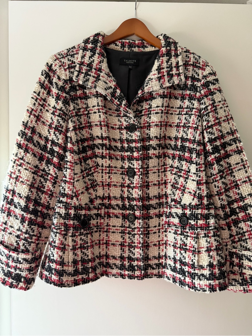 Talbots Cream, Black & Red Bouclé Plaid Jacket size 18wp